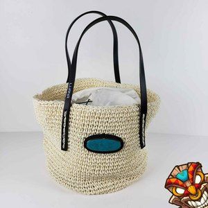 Luana Womens Tropical Woven Ivory Bucket Bag Drawstring Leather Handles Pocket